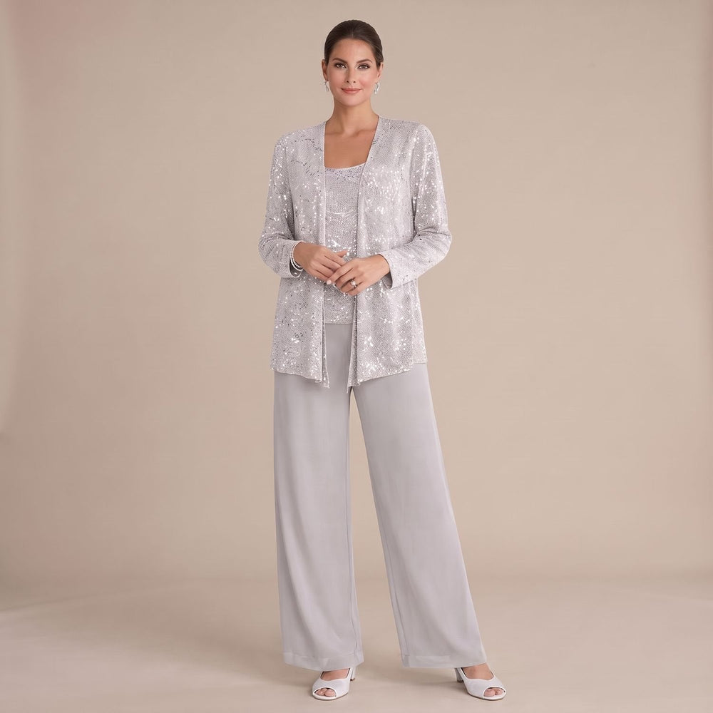 Thessora | Women's Sequin Formal Pantsuit Set - Silver - Image 2