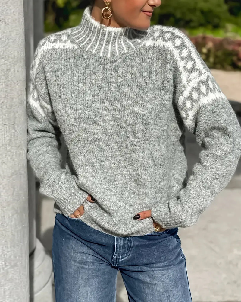 Thessvine | Women's Fair Isle Mock Neck Sweater - Light Grey - Image 1