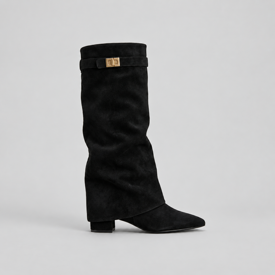 Thessvorn | Women's Knee High Boots Low Block Heel - Black - Image 1