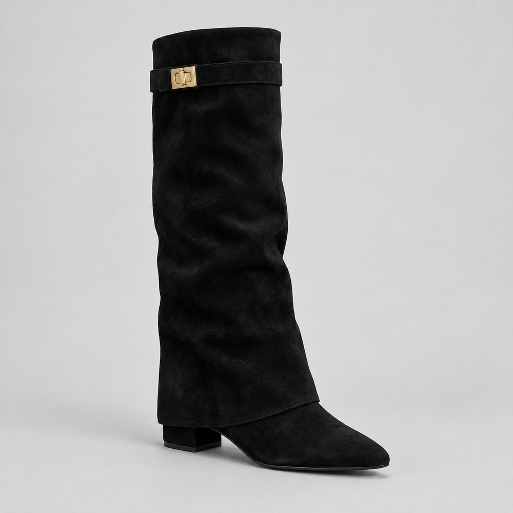 Thessvorn | Women's Knee High Boots Low Block Heel - Black - Image 2