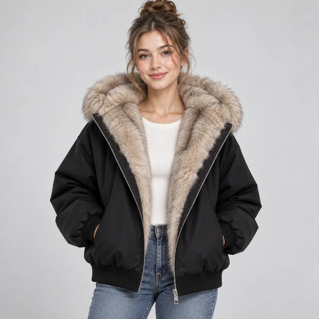 Thesswyn | Women's Faux Fur Hooded Puffer Jacket - Black - Image 1