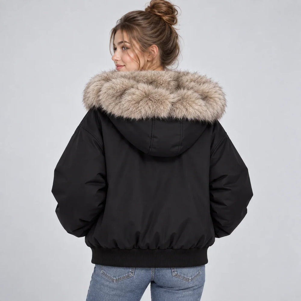 Thesswyn | Women's Faux Fur Hooded Puffer Jacket - Black - Image 2