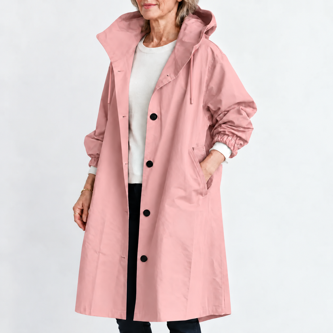 Tholvara | Women's Hooded Longline Trench Coat - Pink - Image 1
