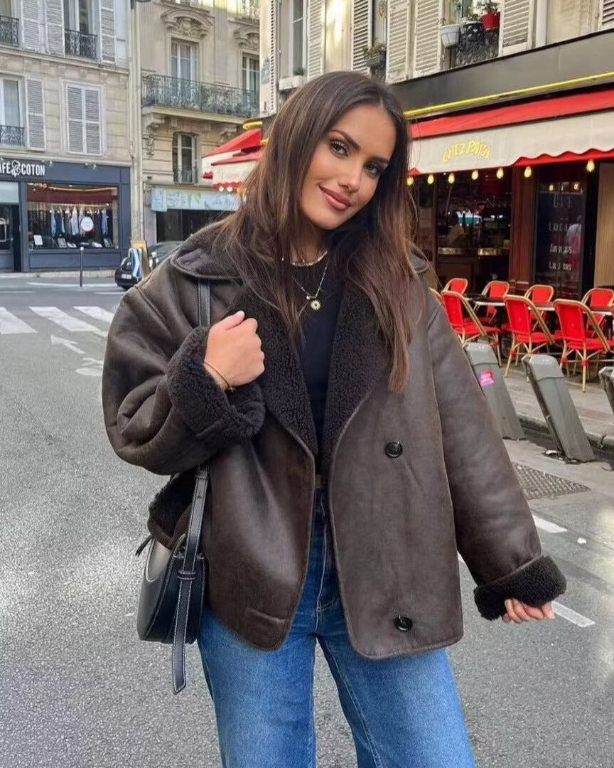 Threnelle | Women's Oversized Shearling Jacket - Dark Brown - Image 2