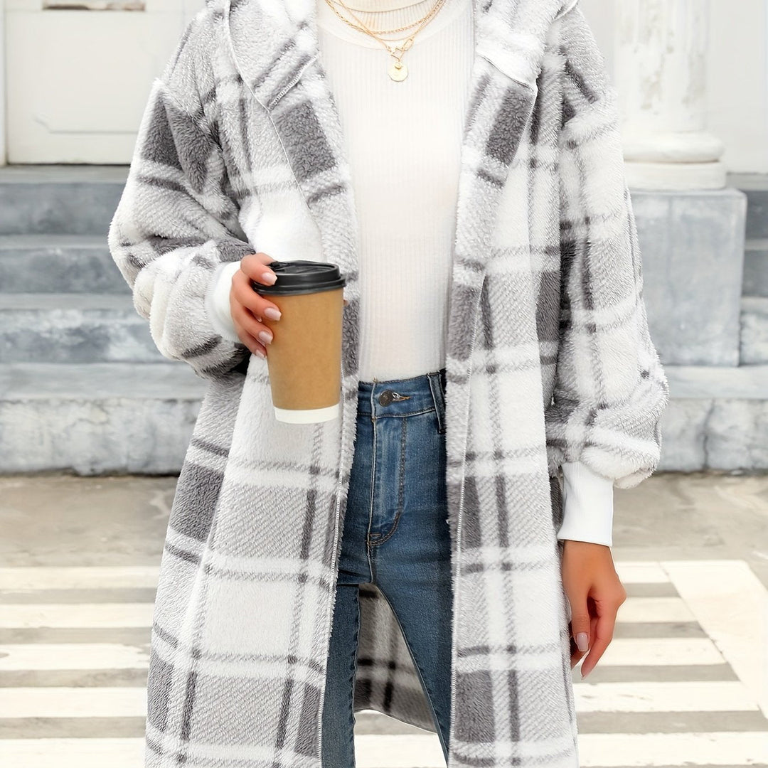 Thrennis | Women's Plaid Hooded Cardigan Coat - Grey - Image 1