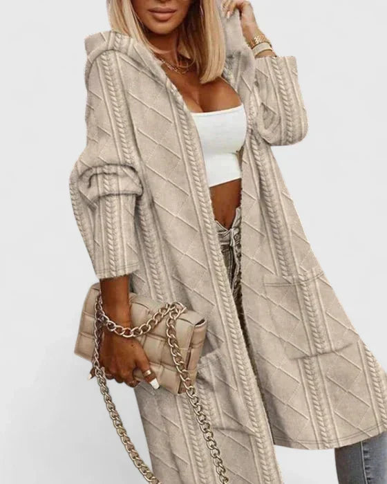 Tivara | Women's Hooded Cable Knit Cardigan Sweater - Beige - Image 1