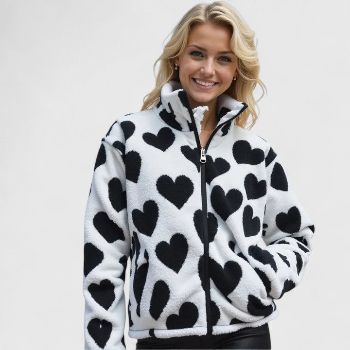 Tivella | Women's Fleece Zip-Up Heart Print Jacket - Image 1