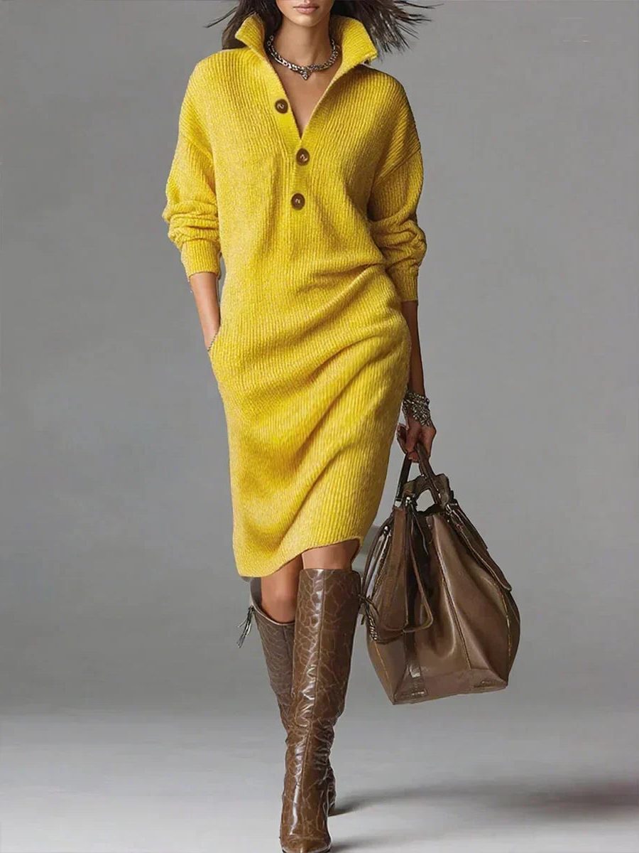 Tresswyn | Women's Ribbed Knit Sweater Dress - Yellow - Image 1