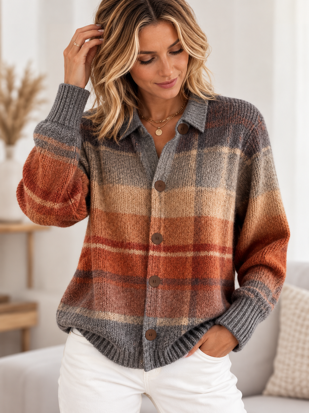 Trevara | Women's Plaid Button-Down Cardigan Sweater - Image 1
