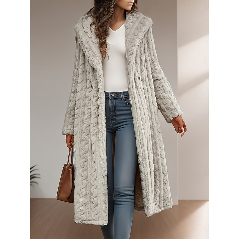 Varlowe | Women's Hooded Long Faux Fur Winter Coat - Light Grey - Image 1