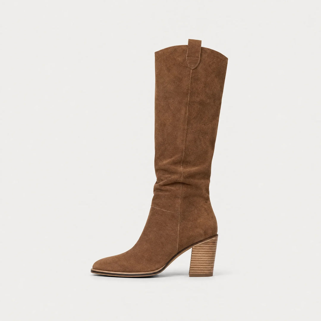 Veldara | Women's Knee High Suede Block Heel Boots - Brown - Image 1