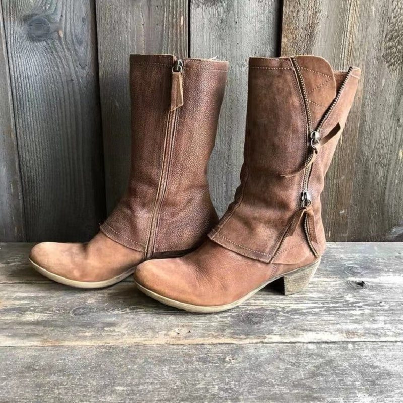 Veldourne | Women's Mid-Calf Block Heel Boots - Brown - Image 1