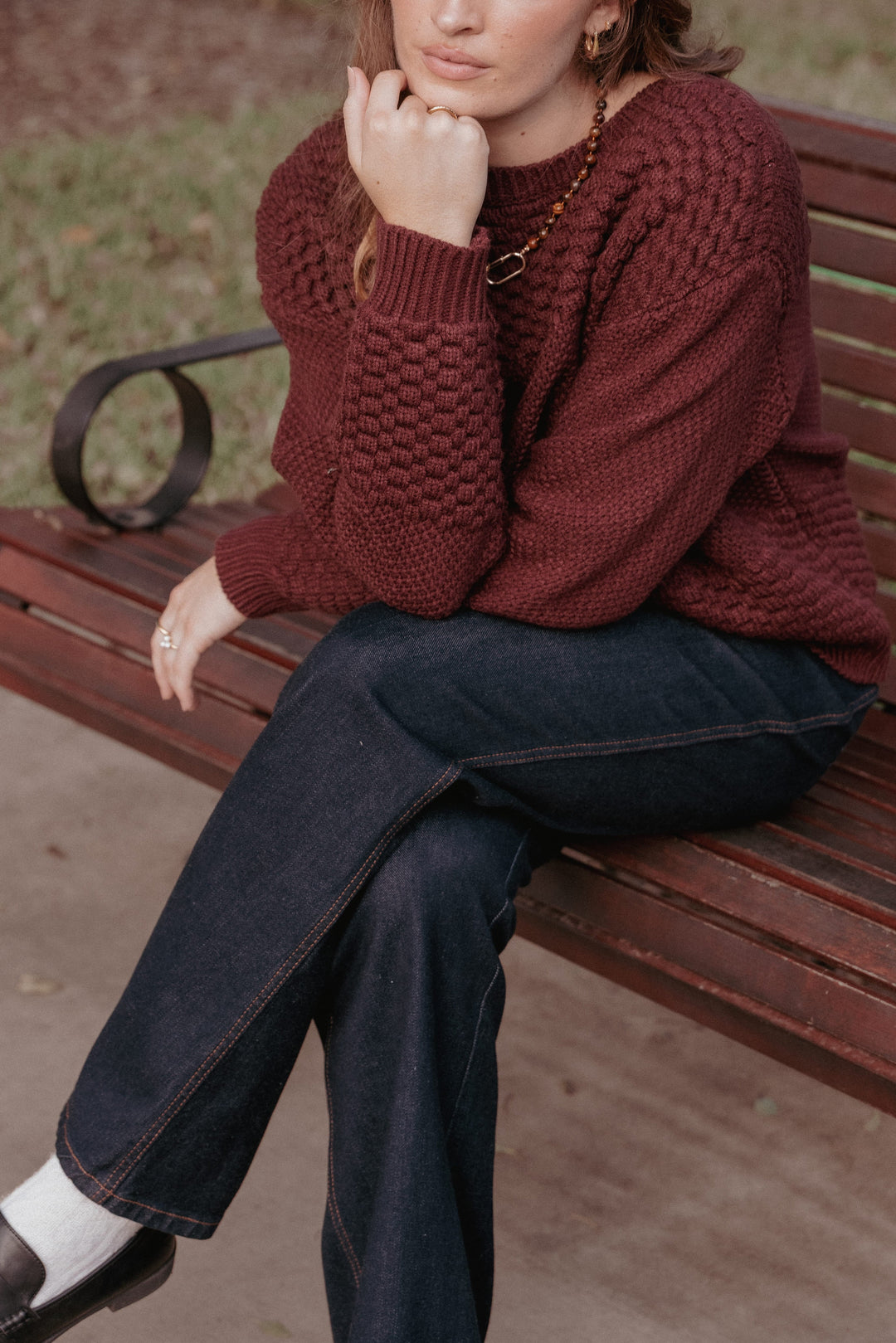 Veldresse | Women's Cable Knit Sweater Pullover - Burgundy - Image 1