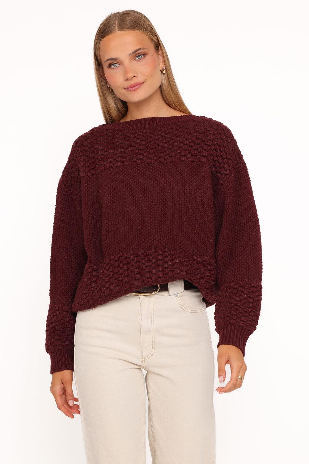 Veldresse | Women's Cable Knit Sweater Pullover - Burgundy - Image 2