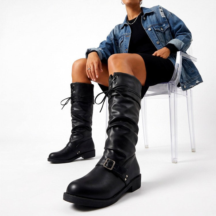 Veldris | Women's Knee High Slouchy Buckle Boots - Black - Image 1
