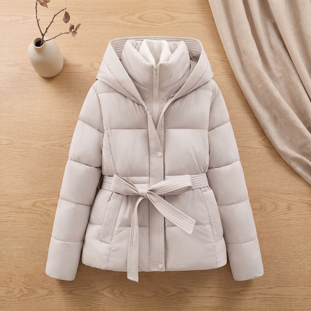 Veldwyn | Women's Belted Hooded Puffer Winter Coat - Cream - Image 1