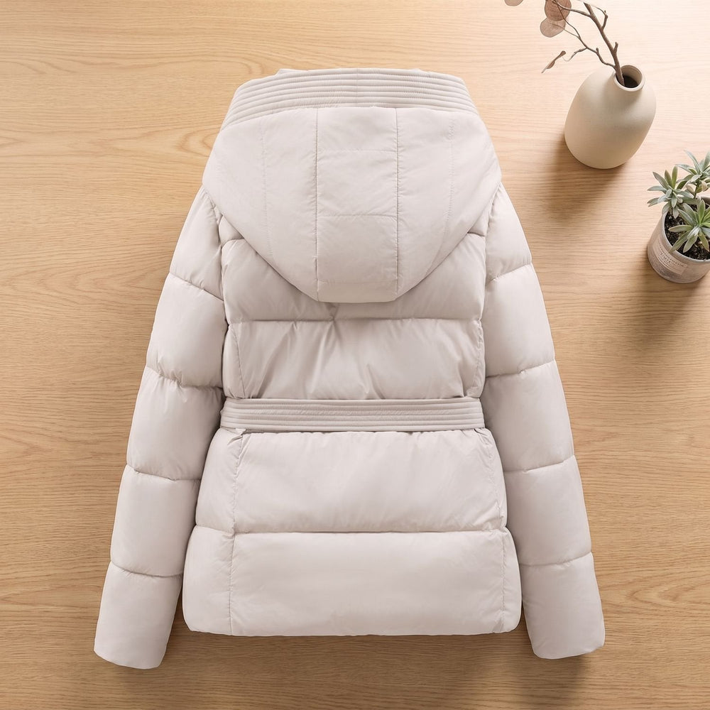 Veldwyn | Women's Belted Hooded Puffer Winter Coat - Cream - Image 2