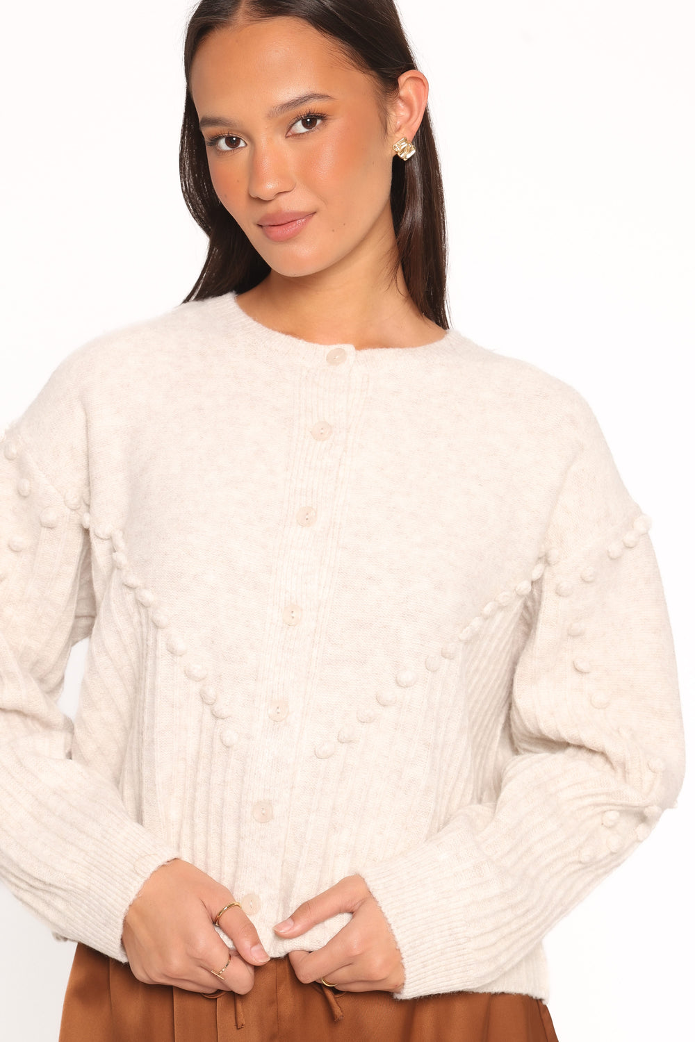 Veldwyn | Women's Bobble Knit Sweater Cardigan - Cream - Image 2