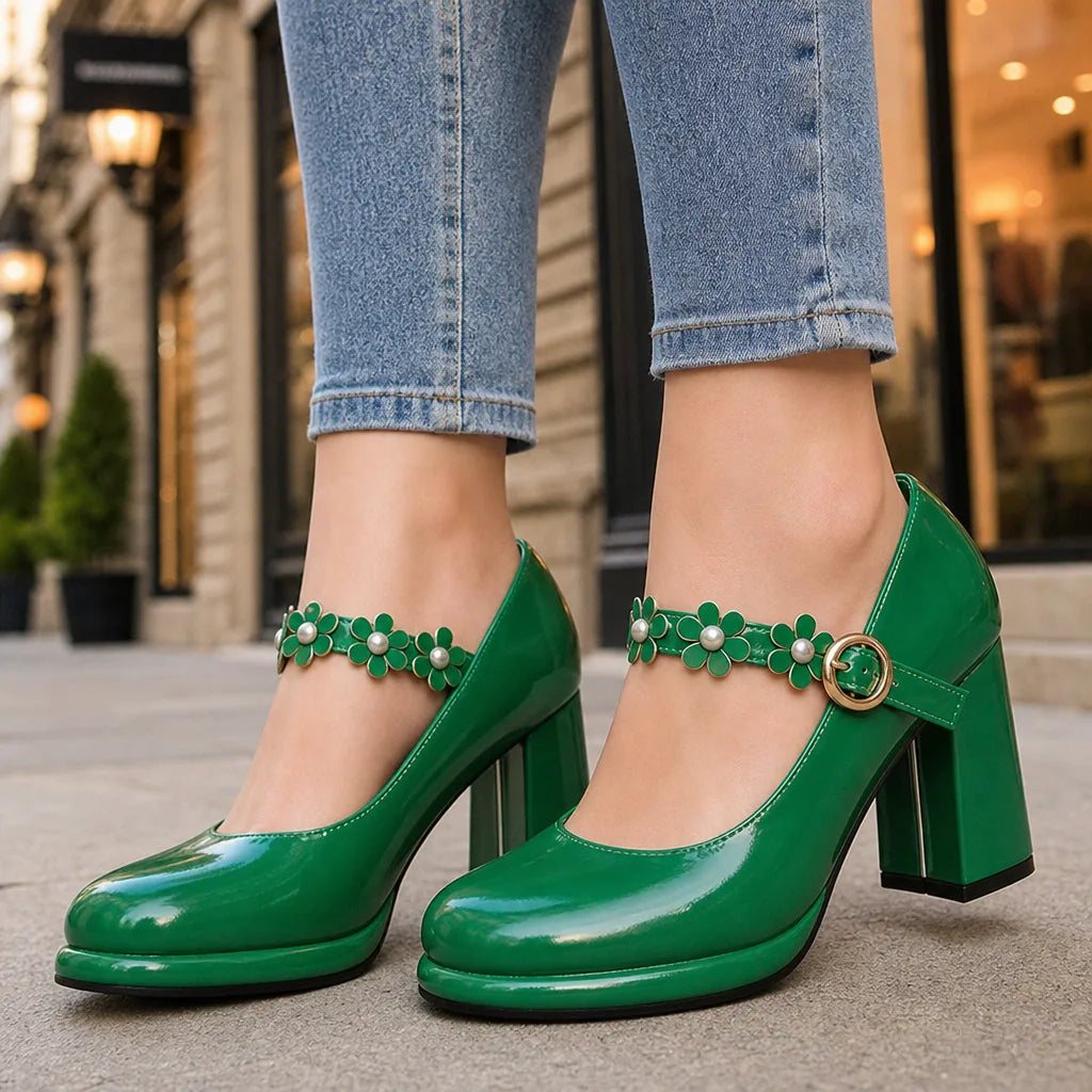 Veldwyn | Women's Mary Jane Block Heel Pumps - Green - Image 1