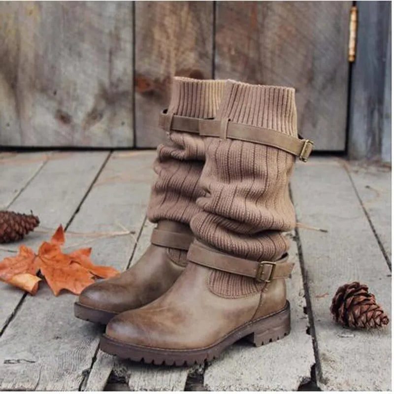 Velindra | Women's Knit Slouch Winter Boots Mid-Calf - Taupe - Image 1