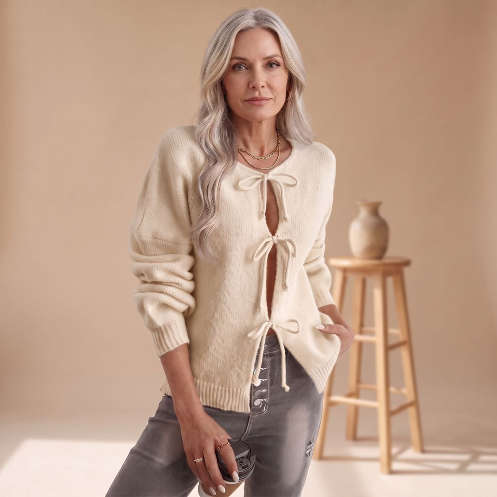 Velindra | Women's Tie Front Cardigan Long Sleeve Knit - Yellow - Image 2