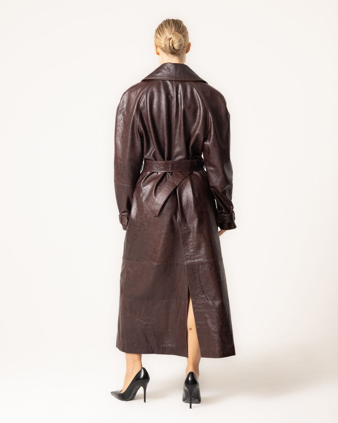 Velondra | Women's Winter Coat Belted Leather Trench - Dark Brown - Image 1