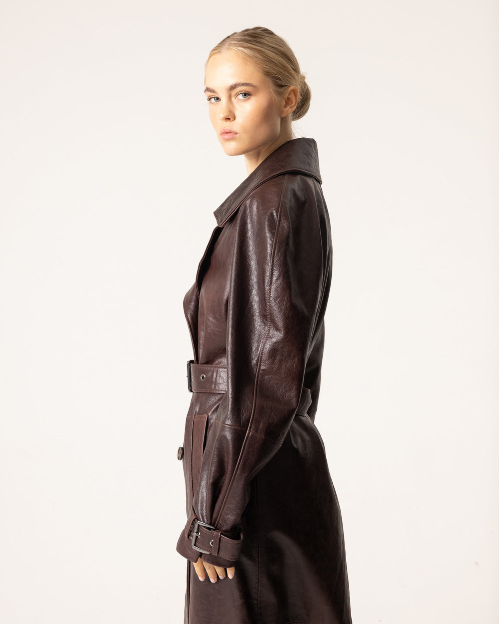 Velondra | Women's Winter Coat Belted Leather Trench - Dark Brown - Image 2