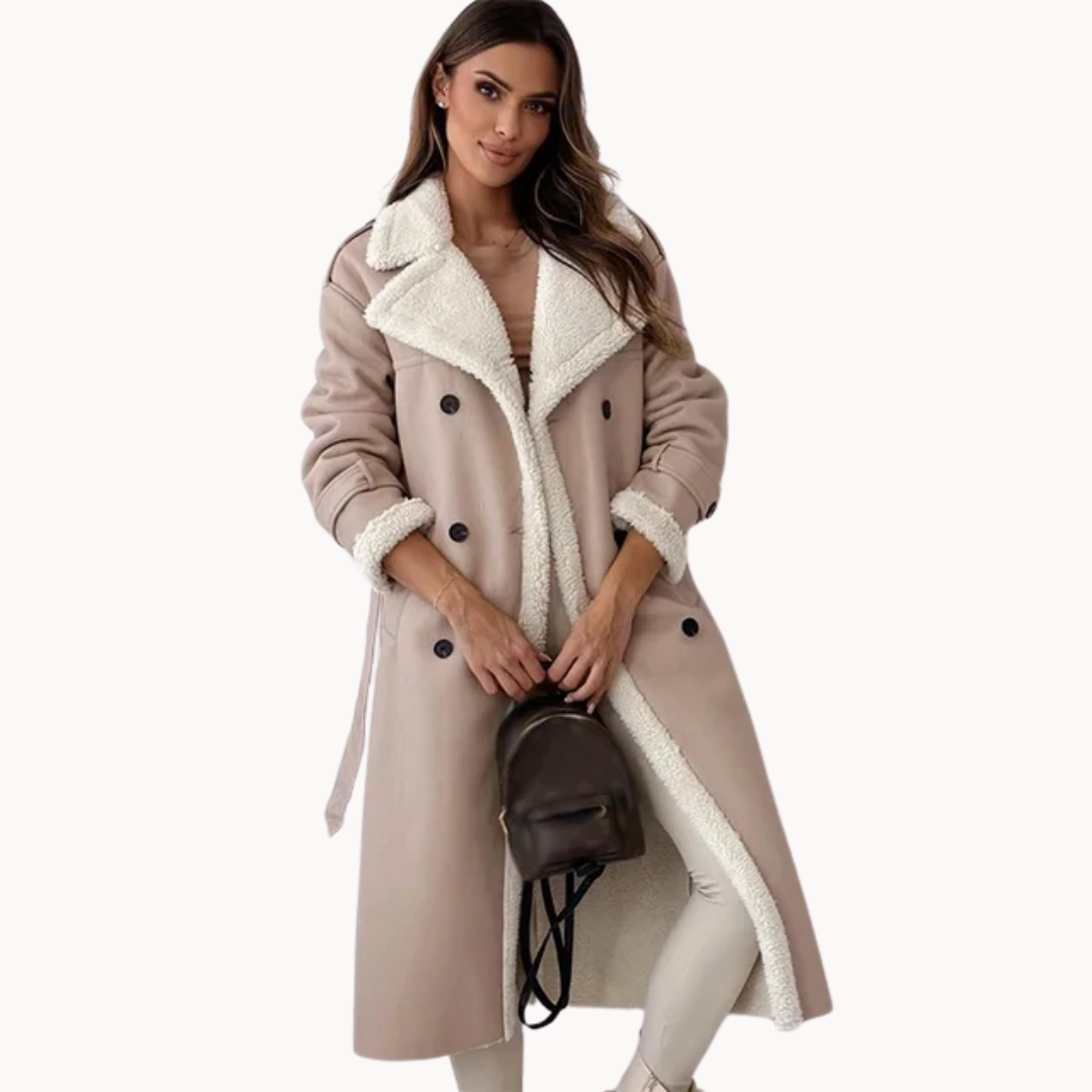 Velowyn | Women's Sherpa-Lined Long Trench Coat - Beige - Image 1