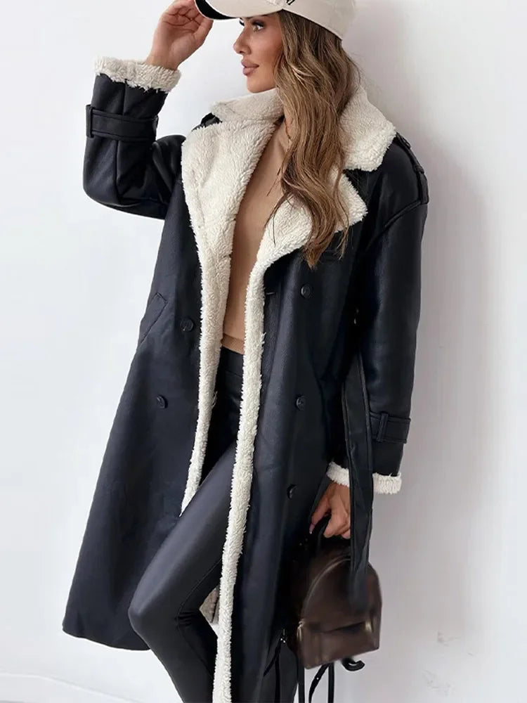 Velowyn | Women's Sherpa-Lined Long Trench Coat - Beige - Image 2