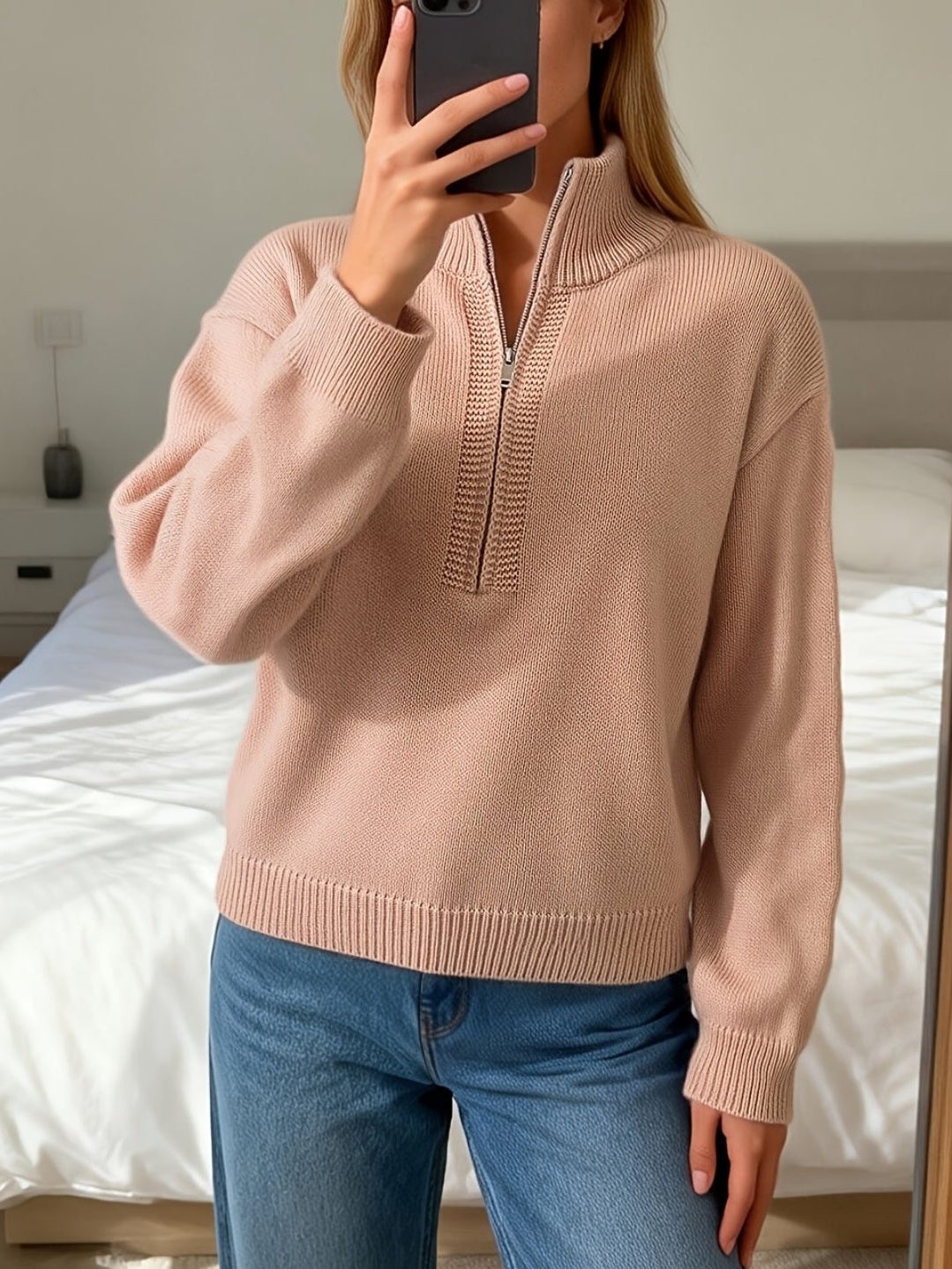 Velvaine | Women's Half-Zip Knit Sweater - Light Pink - Image 1