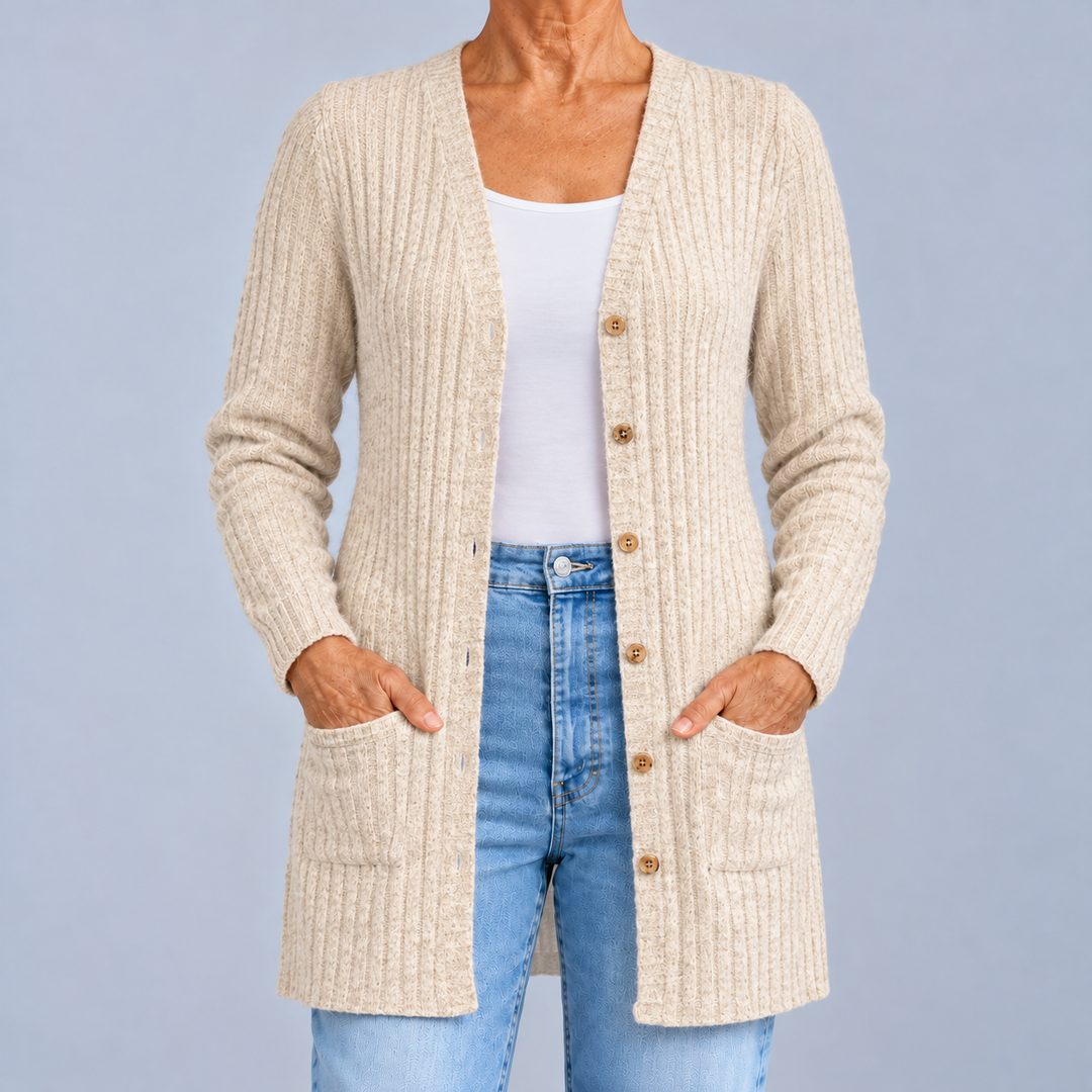 Vordaine | Women's Ribbed Cardigan Long Sweater - Beige - Image 1