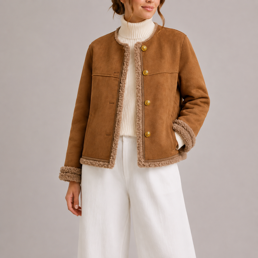 Vornelle | Women's Faux Suede Shearling Jacket - Camel - Image 1