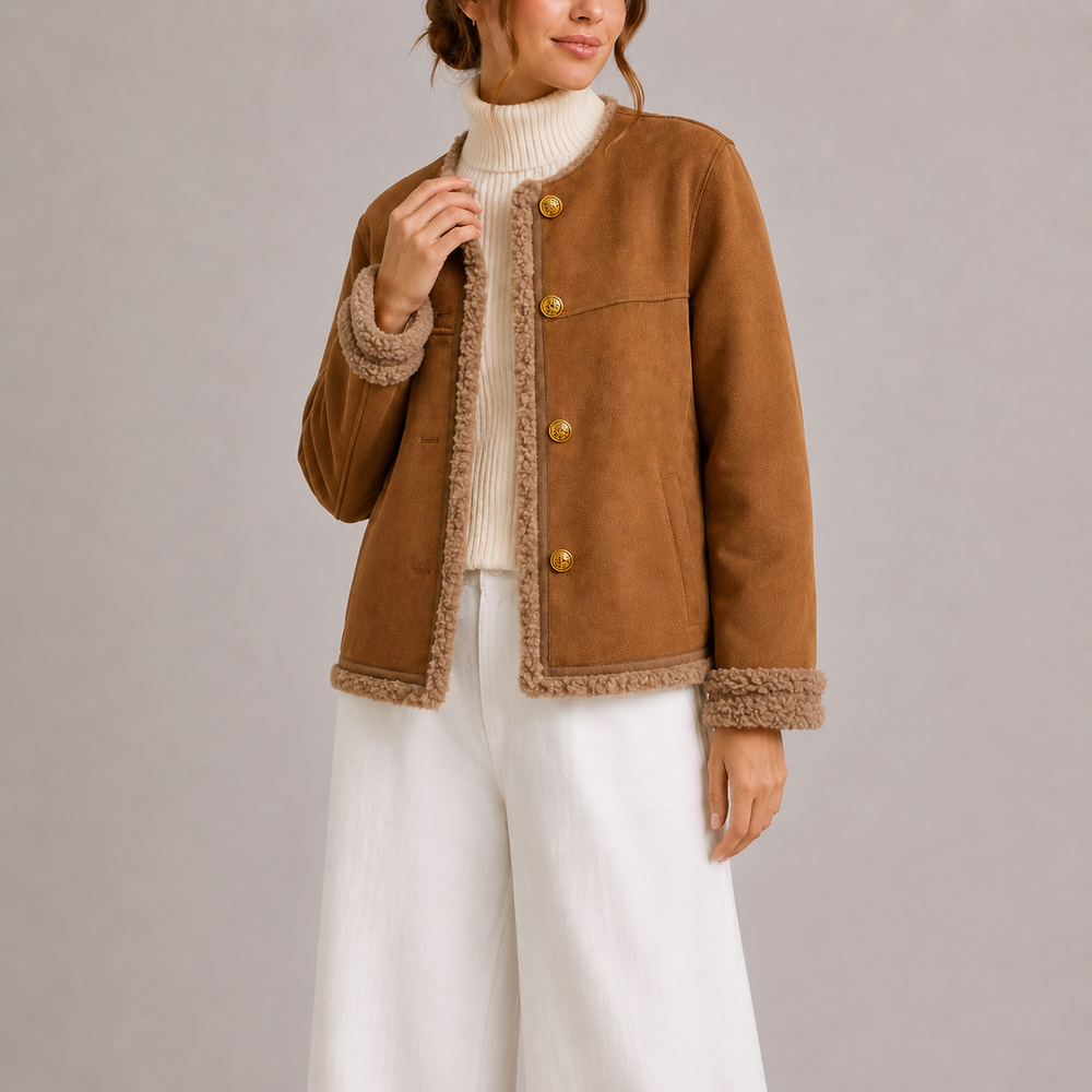 Vornelle | Women's Faux Suede Shearling Jacket - Camel - Image 2