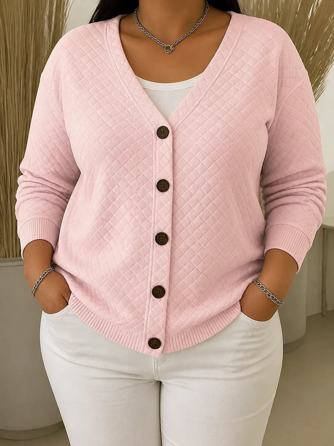 Vorrelle | Women's Quilted Cardigan Button-Front - Light Pink - Image 1