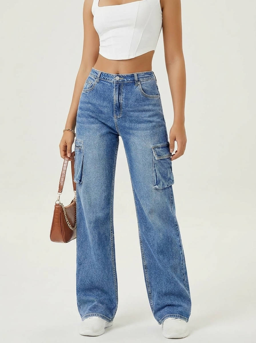 Vorrinda | Women's Baggy Cargo Jeans Wide Leg - Blue - Image 2