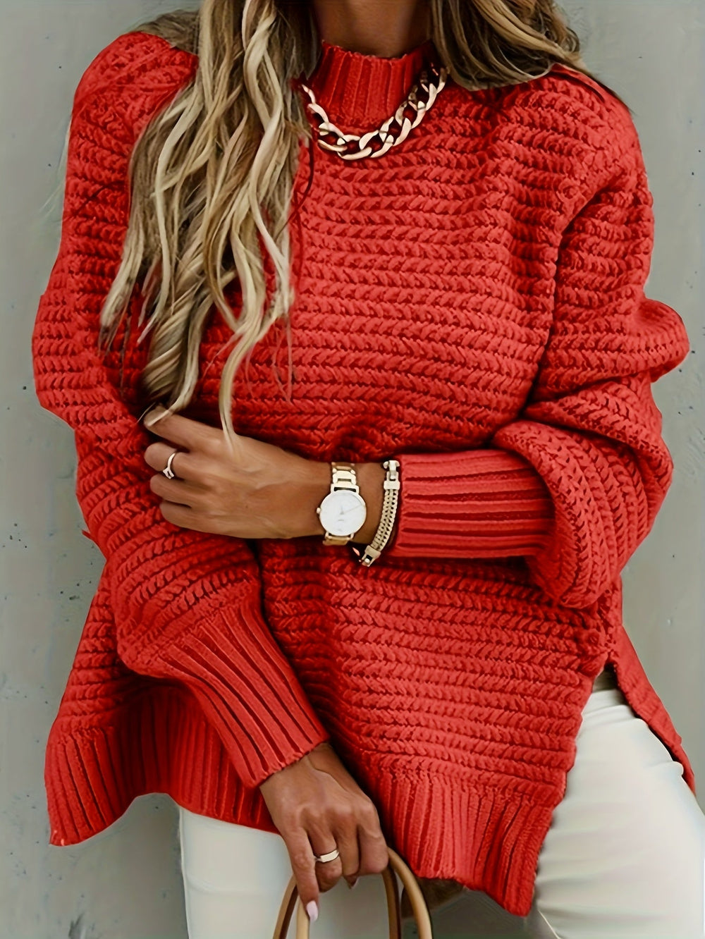 Vorrinda | Women's Chunky Knit Oversized Sweater - Red - Image 2