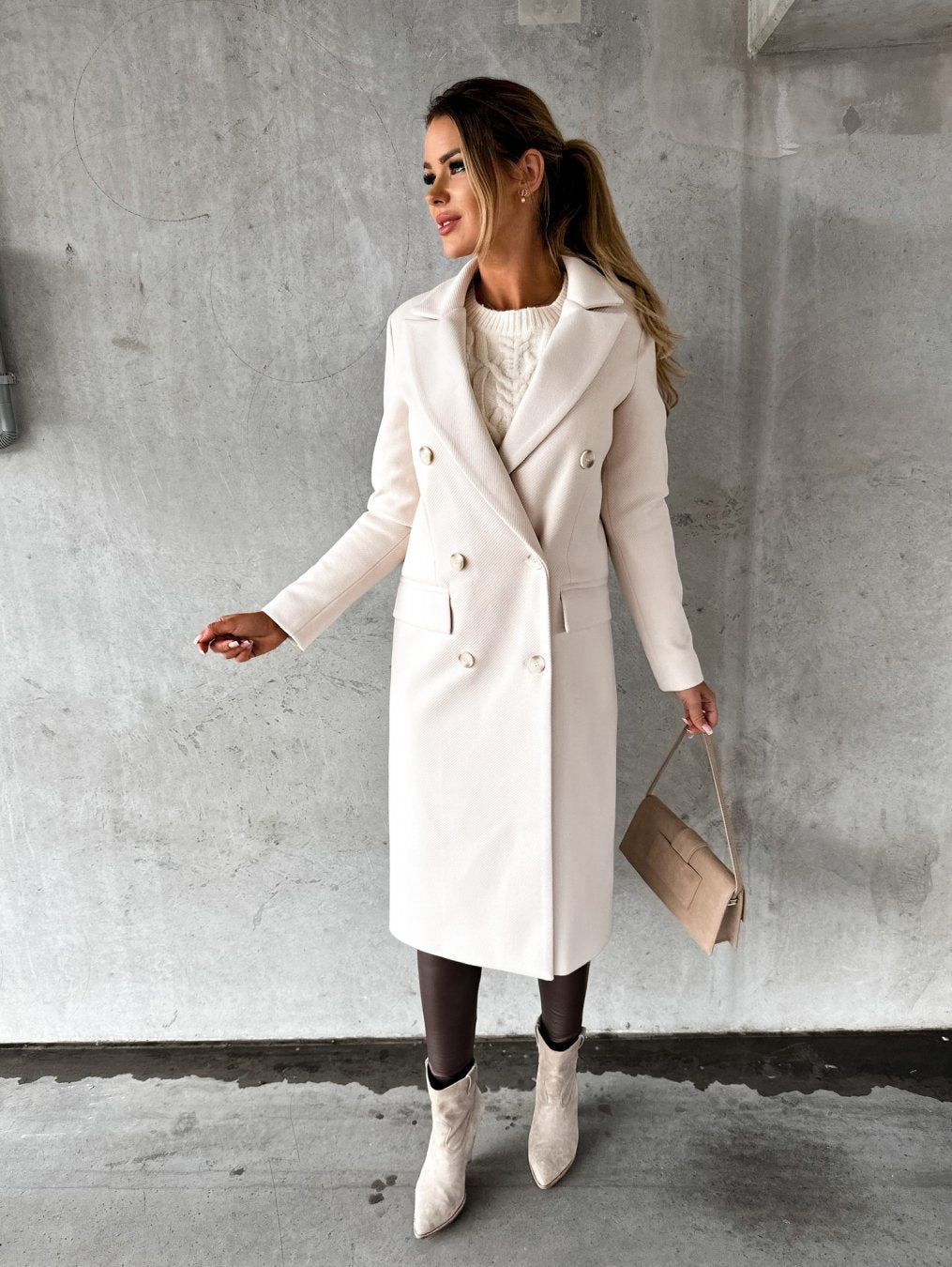 Vorrinda | Women's Double-Breasted Long Coat - Cream - Image 1
