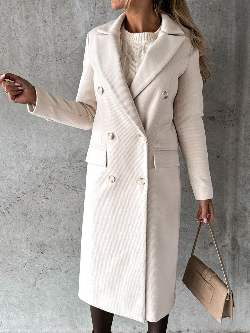 Vorrinda | Women's Double-Breasted Long Coat - Cream - Image 2