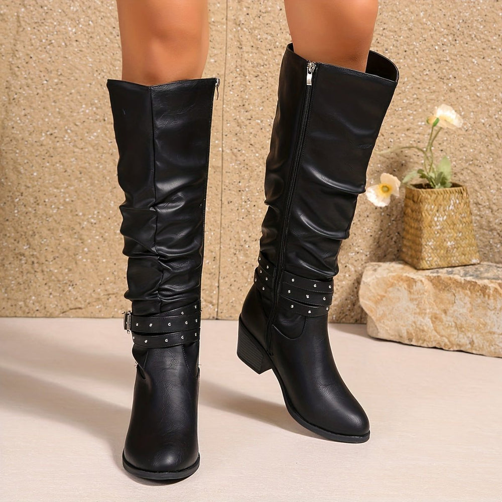 Vrelwyn | Women's Slouchy Knee High Boots - Black - Image 2
