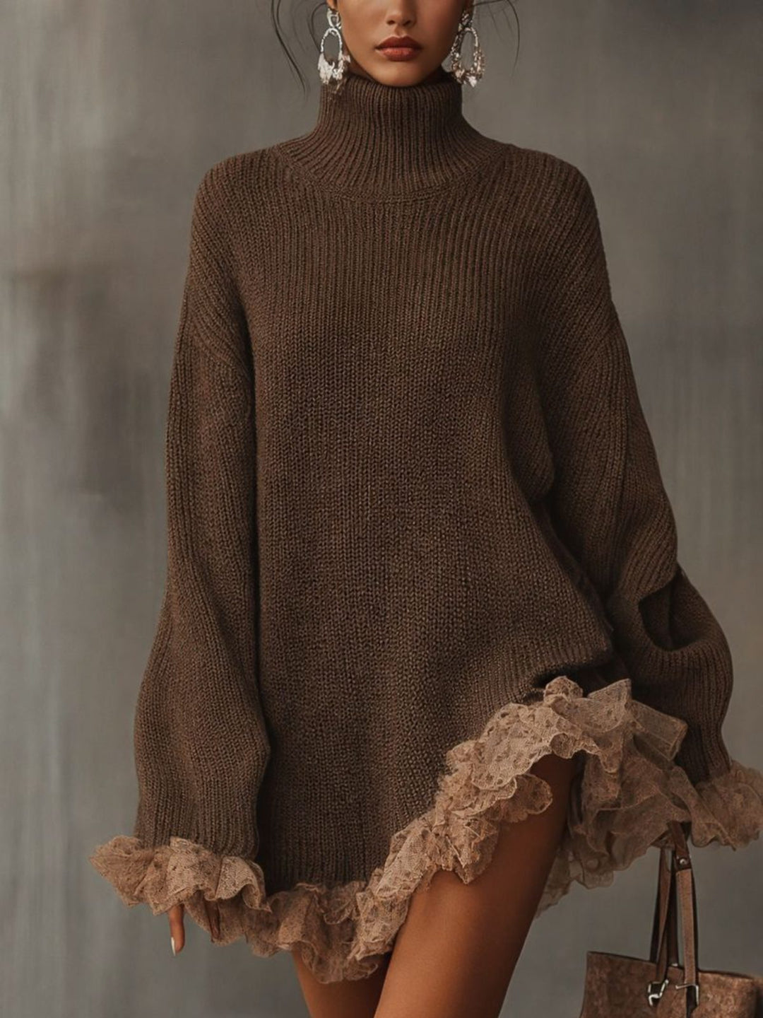 Vrenhollow | Women's Turtleneck Sweater Dress with Lace Hem - Brown - Image 1