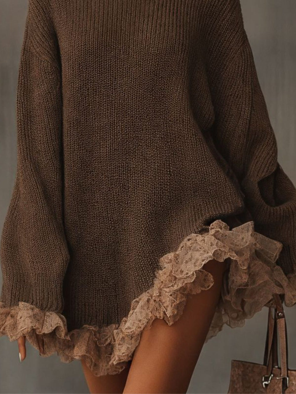 Vrenhollow | Women's Turtleneck Sweater Dress with Lace Hem - Brown - Image 2