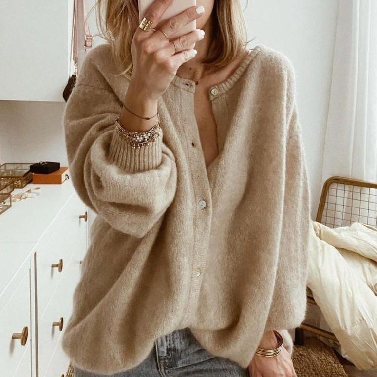 Vrenith | Women's Oversized Button-Front Knit Cardigan - Beige - Image 1