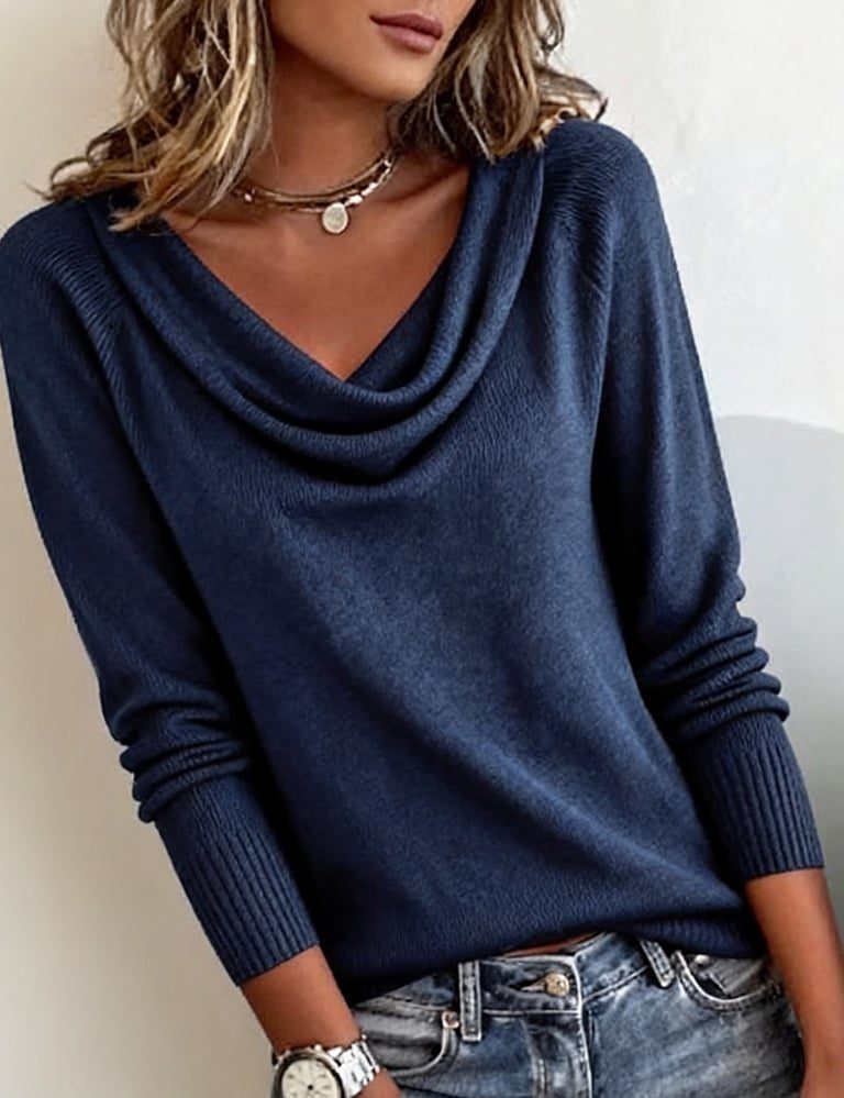 Vrenova | Women's Cowl Neck Knit Sweater - Brown - Image 2