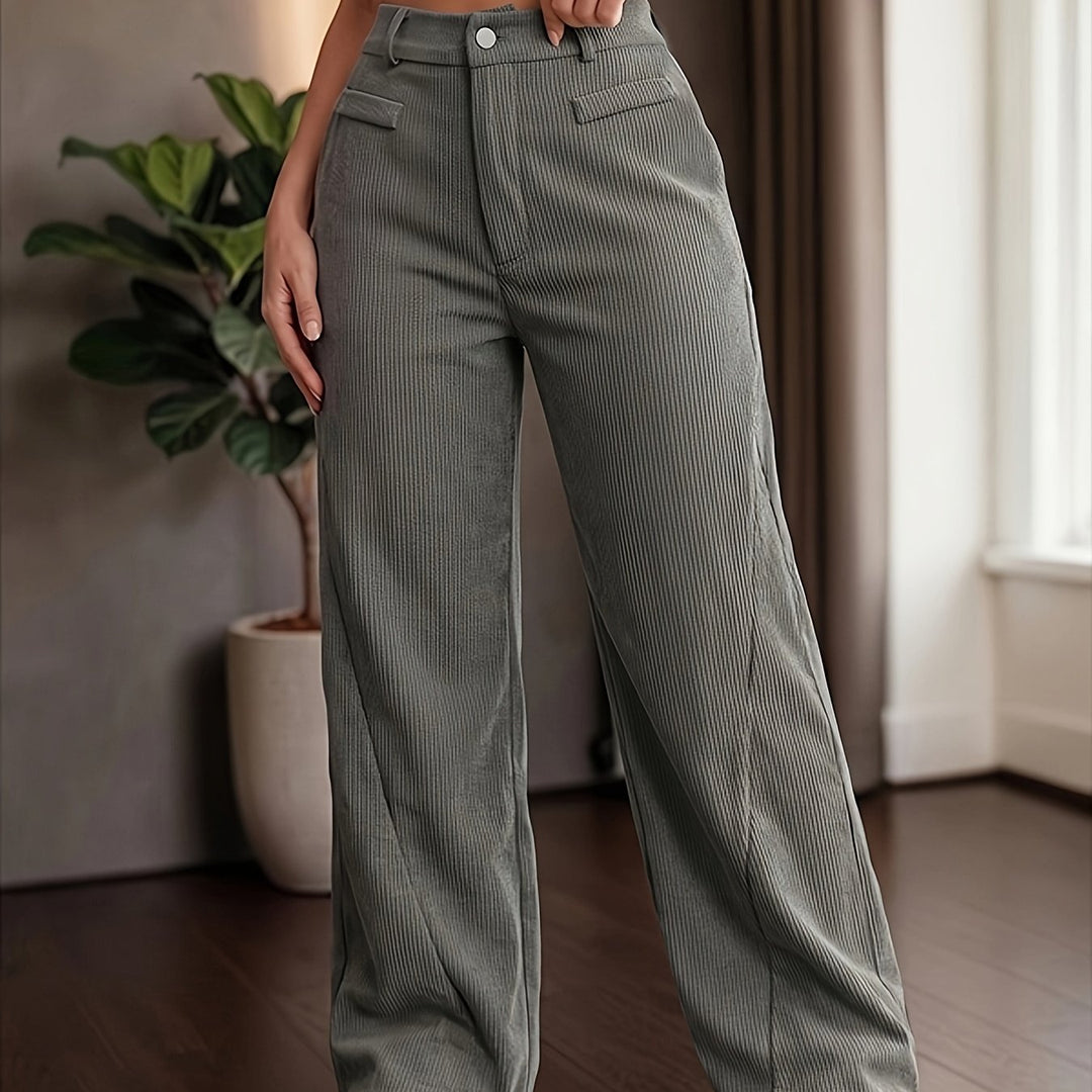 Vrenova | Women's High-Waist Wide-Leg Ribbed Trousers - Grey - Image 1