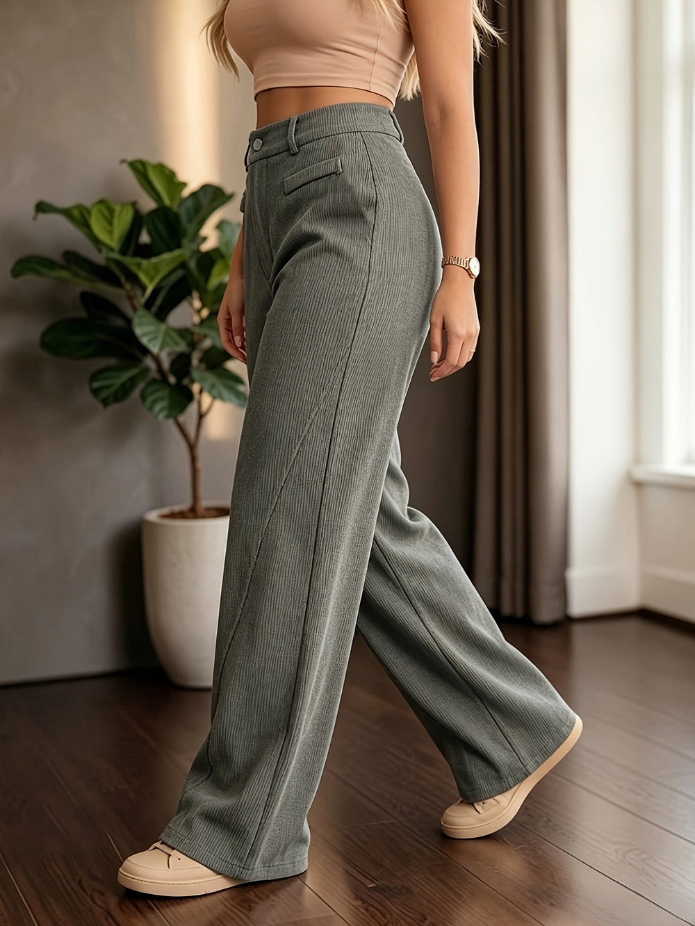 Vrenova | Women's High-Waist Wide-Leg Ribbed Trousers - Grey - Image 2