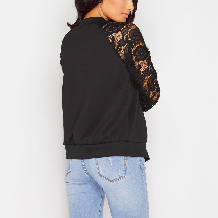 Vrenova | Women's Lace Sleeve Bomber Jacket - Black - Image 2