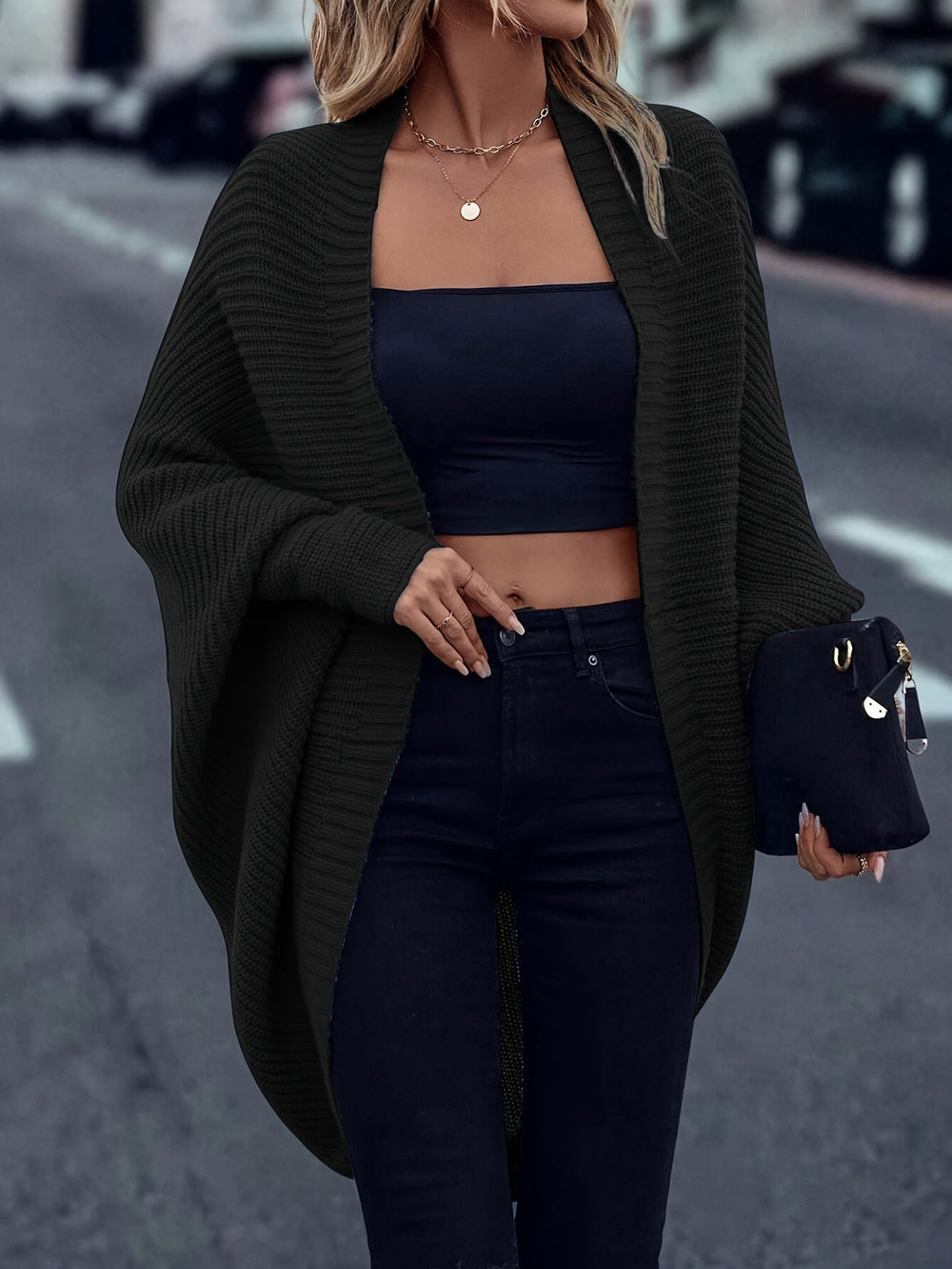 Vrenova | Women's Oversized Open Front Cardigan - Dark Green - Image 2