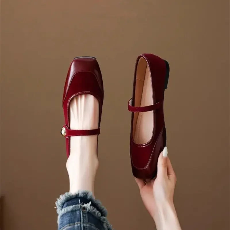 Welvaine | Women's Mary Jane Flats Square Toe - Burgundy - Image 1