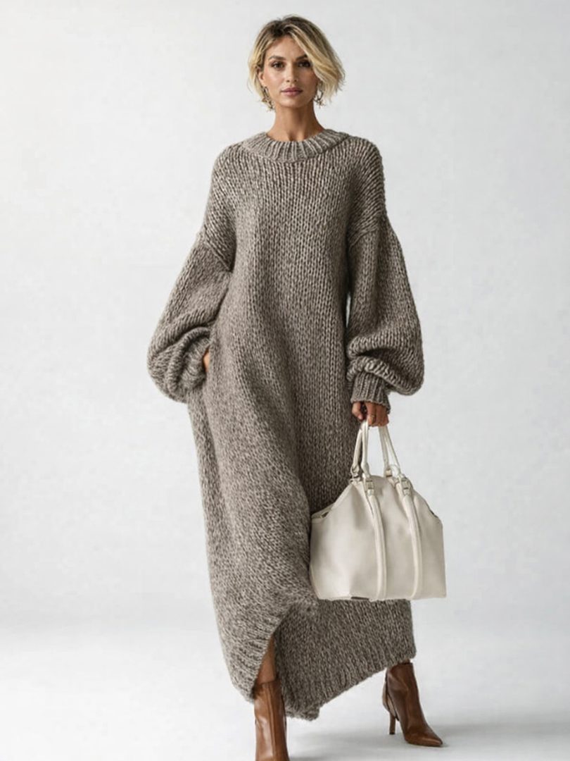 Welvaine | Women's Oversized Knit Maxi Sweater Dress - Taupe - Image 1