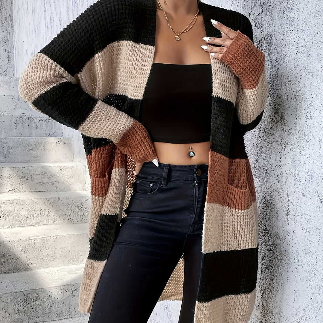 Wreneth | Women's Striped Open Front Longline Cardigan - Image 1